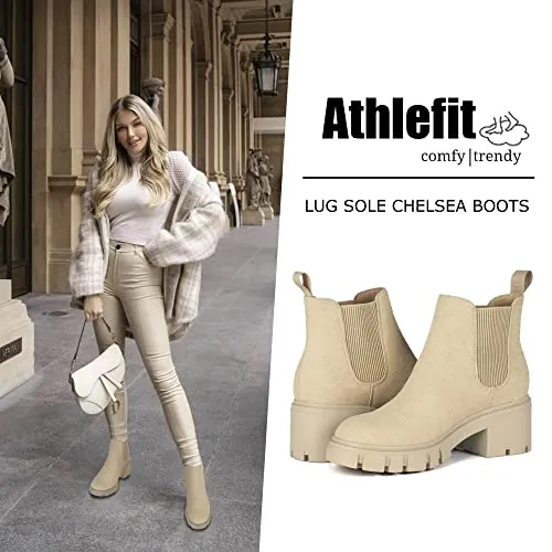 Athlefit Women's Chelsea Boots Fashion Lug Sole Chunky Heel Slip on Elastic Ankle Black Booties Size 11