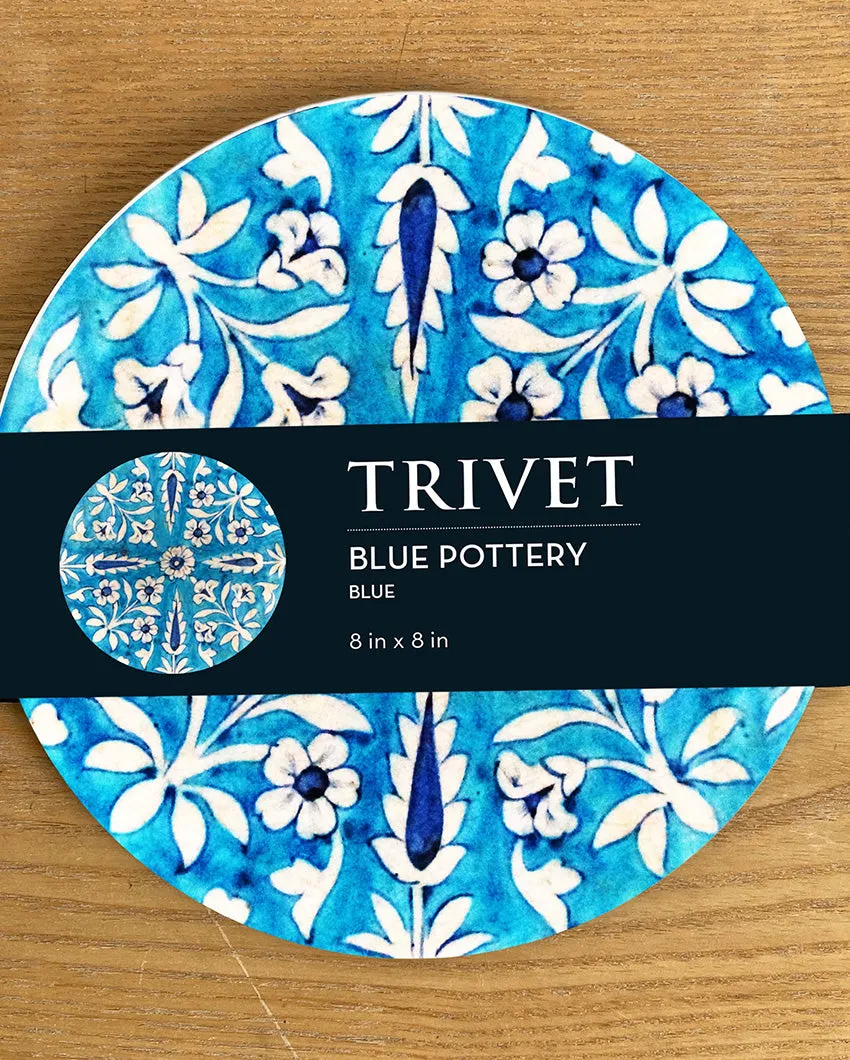 Azure Elegance Round Blue Pottery Trivet | 8 inches