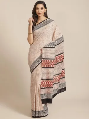 Beige Printed Cotton Saree