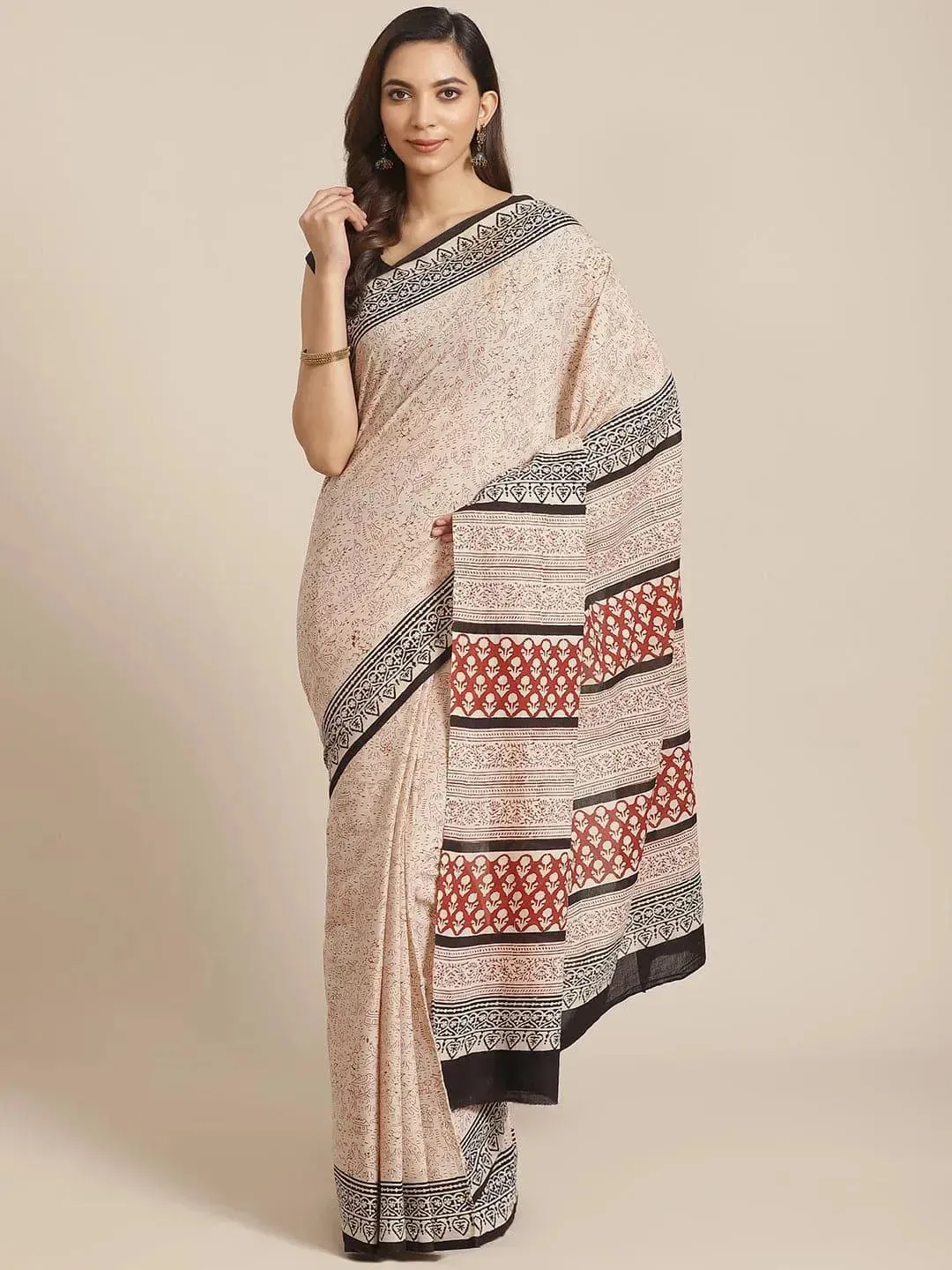 Beige Printed Cotton Saree