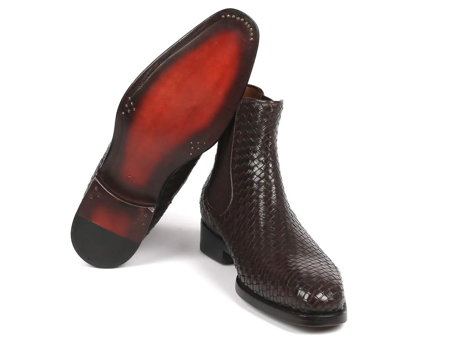 Chocolate Brown Handcrafted Woven Leather Chelsea Boots by Paul Parkman