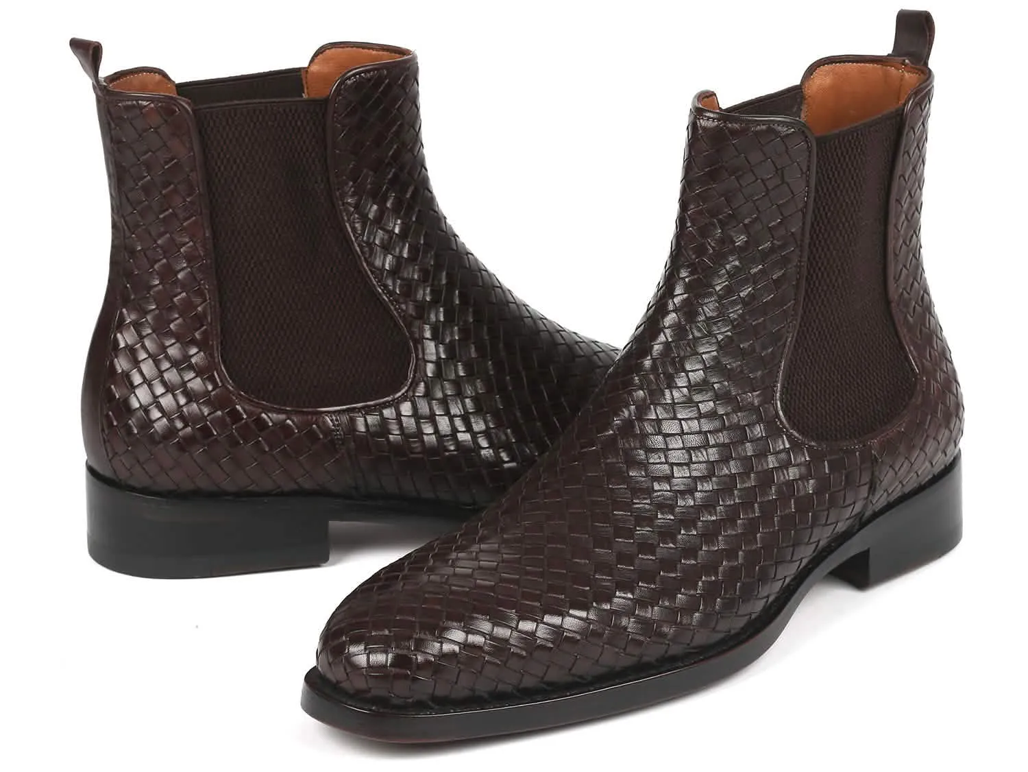 Chocolate Brown Handcrafted Woven Leather Chelsea Boots by Paul Parkman