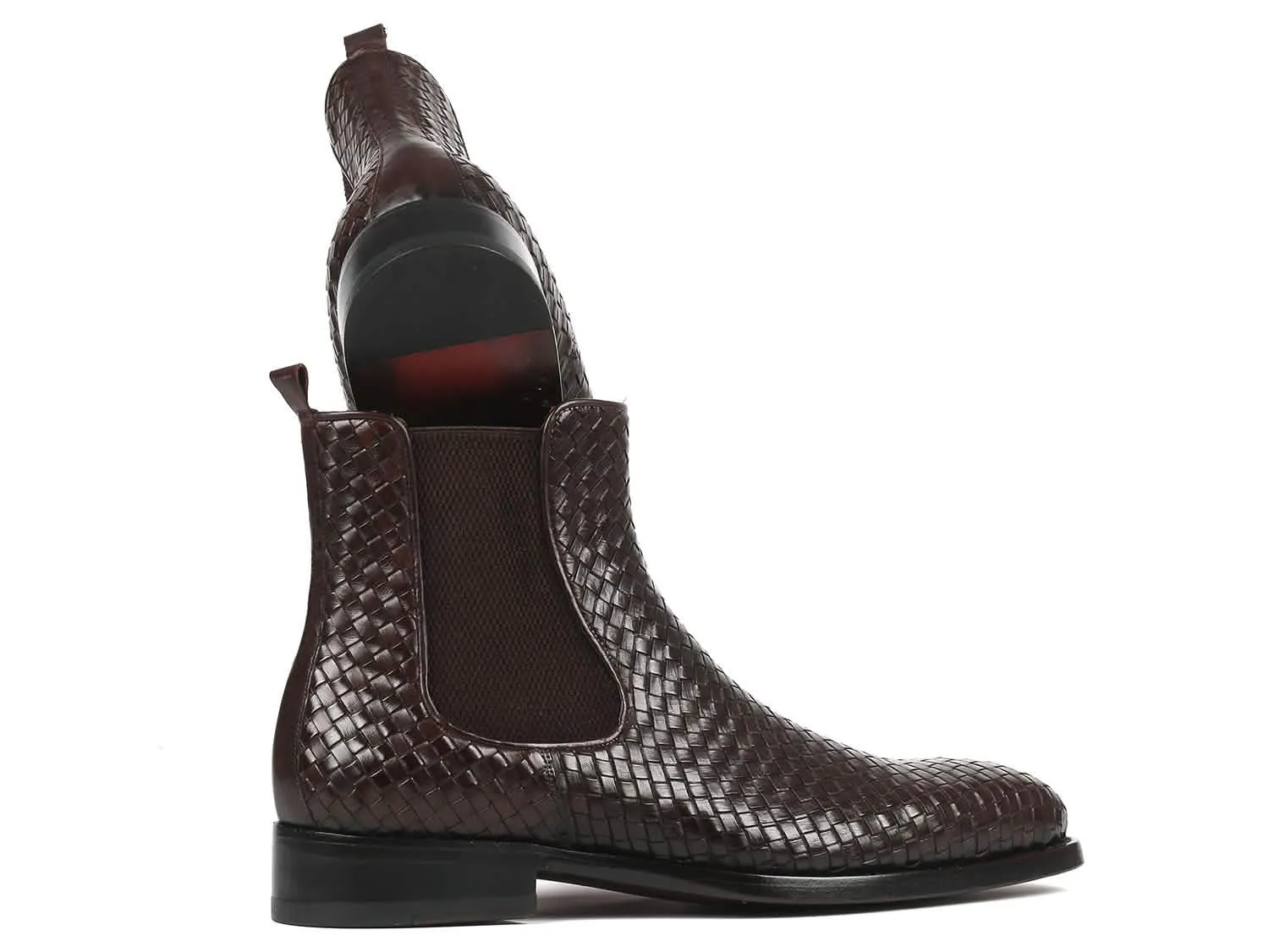 Chocolate Brown Handcrafted Woven Leather Chelsea Boots by Paul Parkman