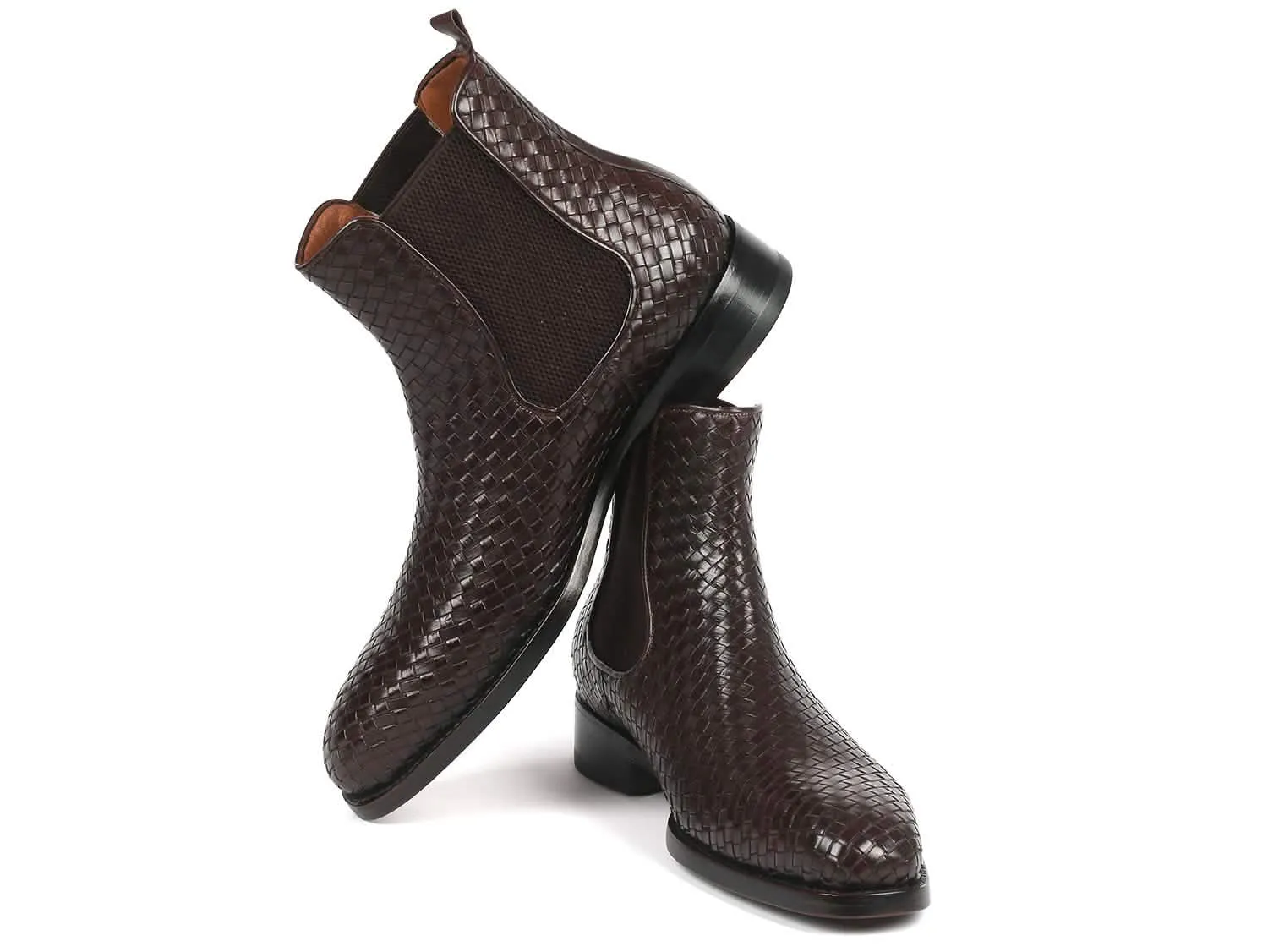 Chocolate Brown Handcrafted Woven Leather Chelsea Boots by Paul Parkman