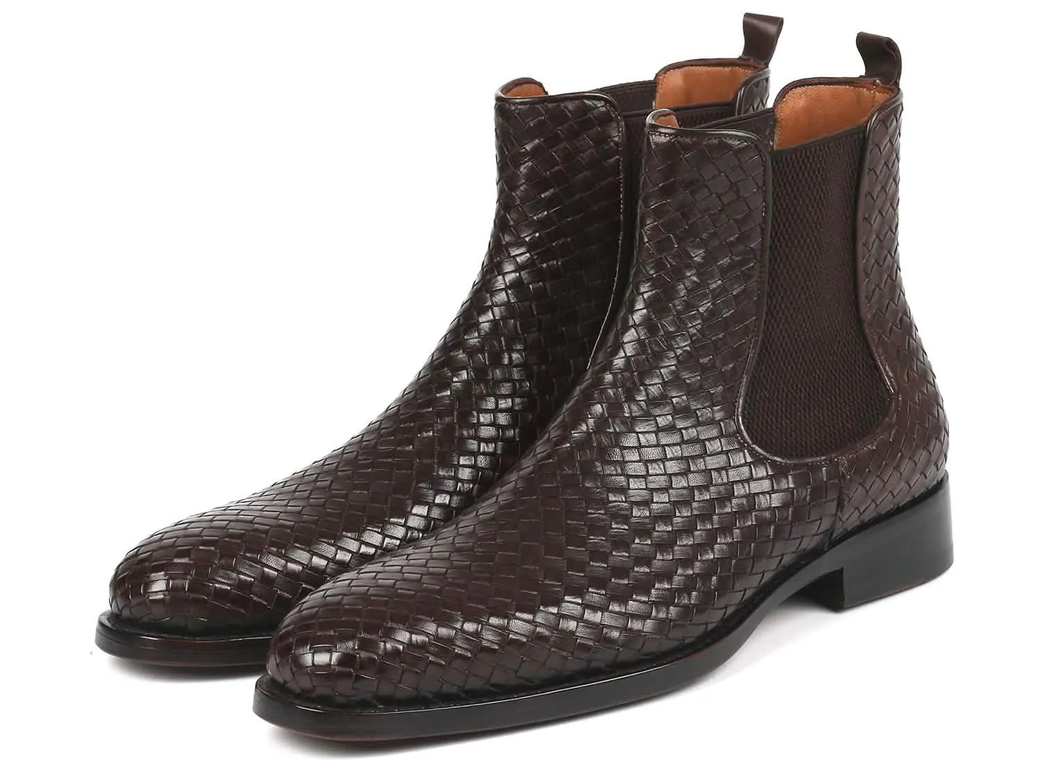 Chocolate Brown Handcrafted Woven Leather Chelsea Boots by Paul Parkman