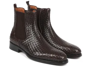 Chocolate Brown Handcrafted Woven Leather Chelsea Boots by Paul Parkman