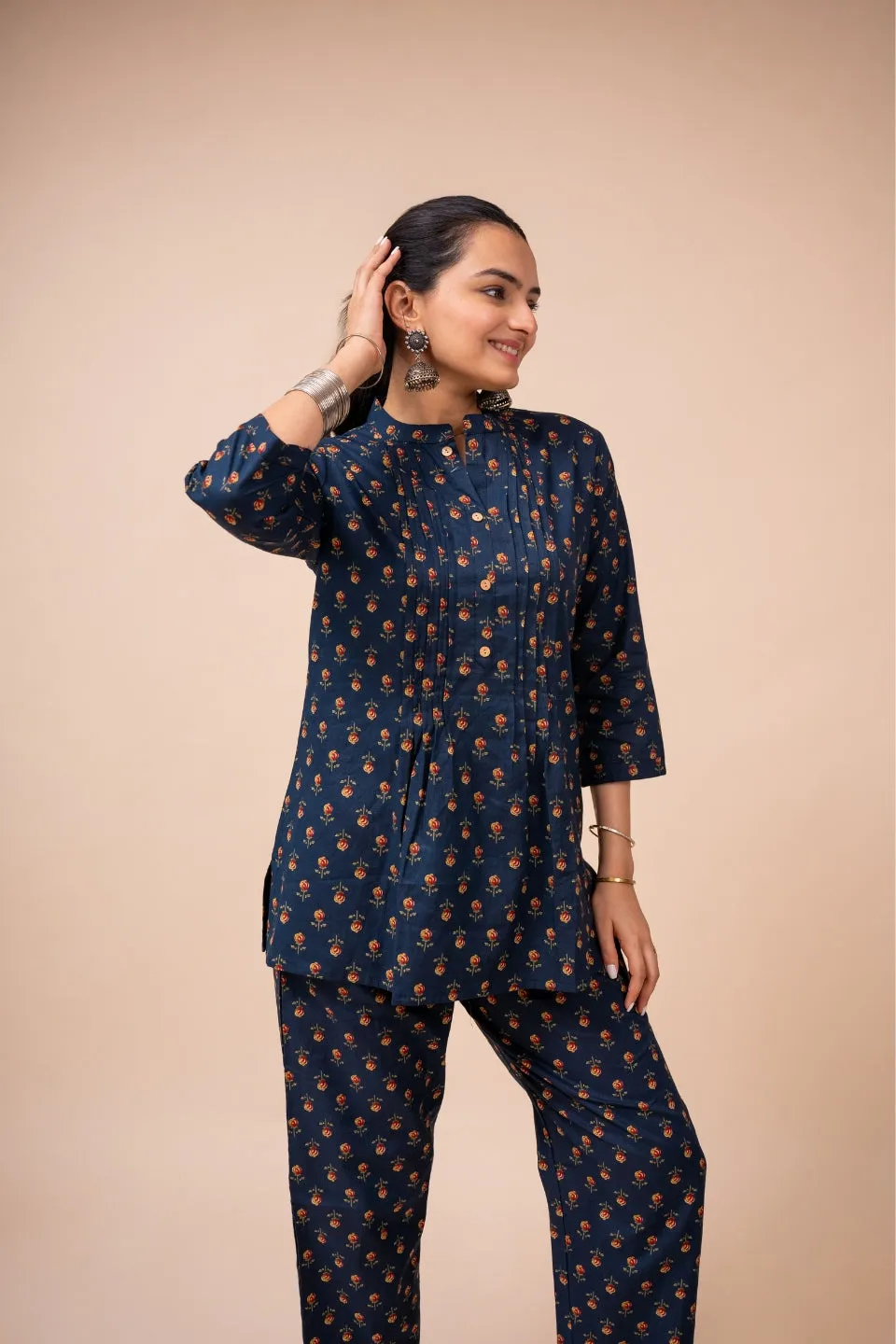 Ekisha's women navy blue multicolor floral printed cotton co-ord set lounge wear