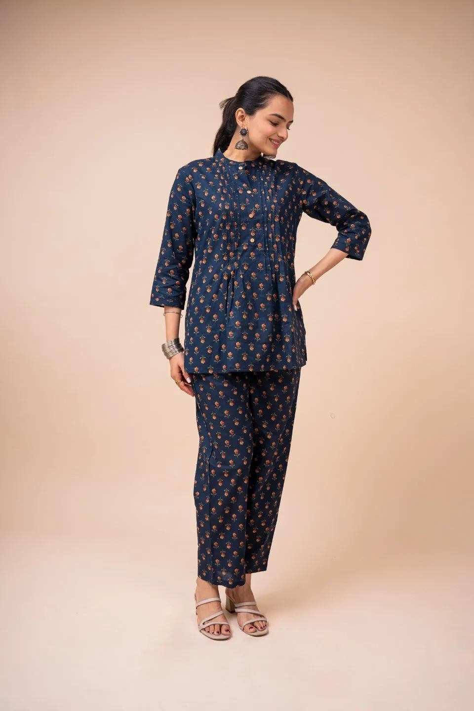 Ekisha's women navy blue multicolor floral printed cotton co-ord set lounge wear