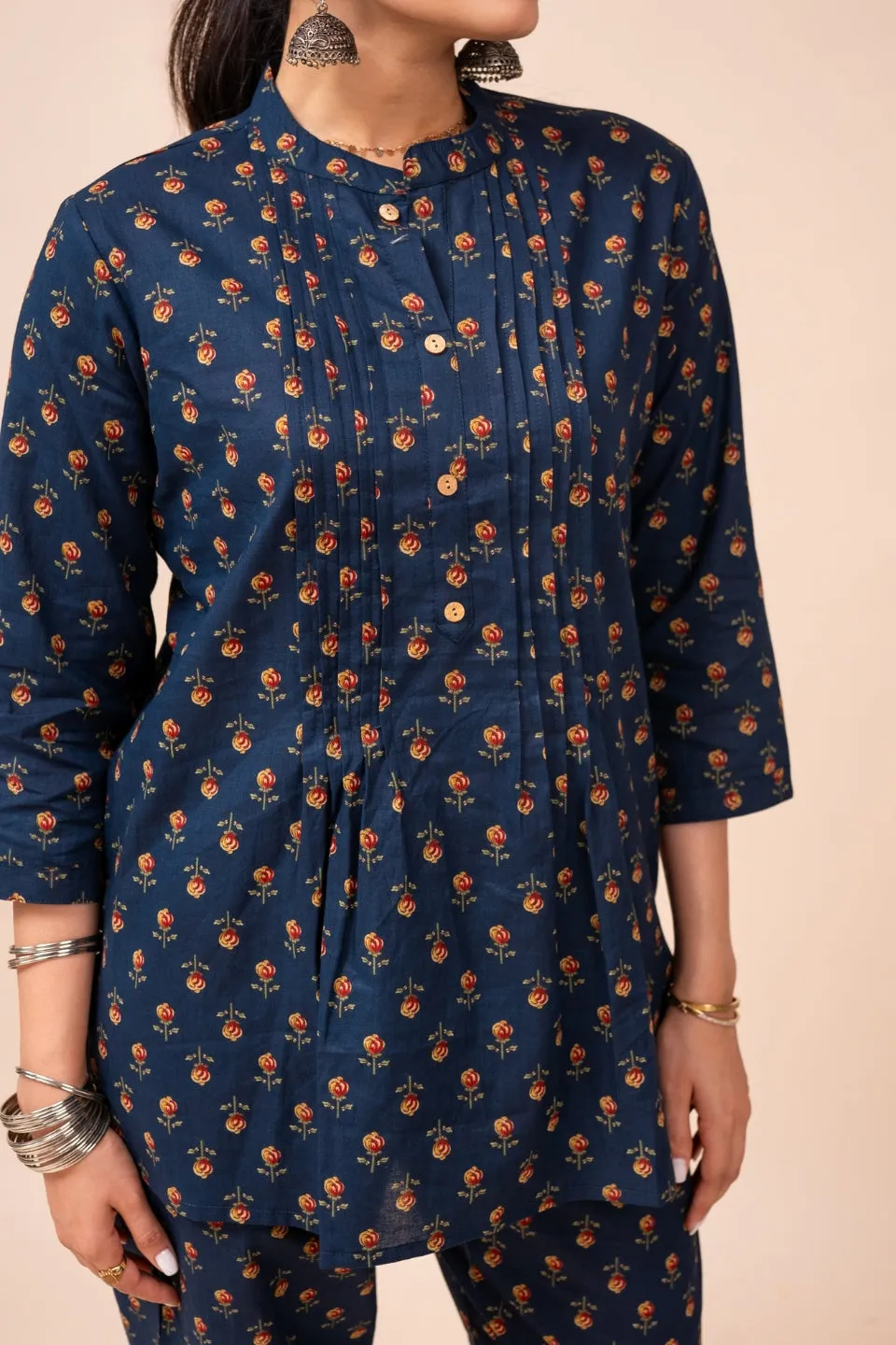 Ekisha's women navy blue multicolor floral printed cotton co-ord set lounge wear