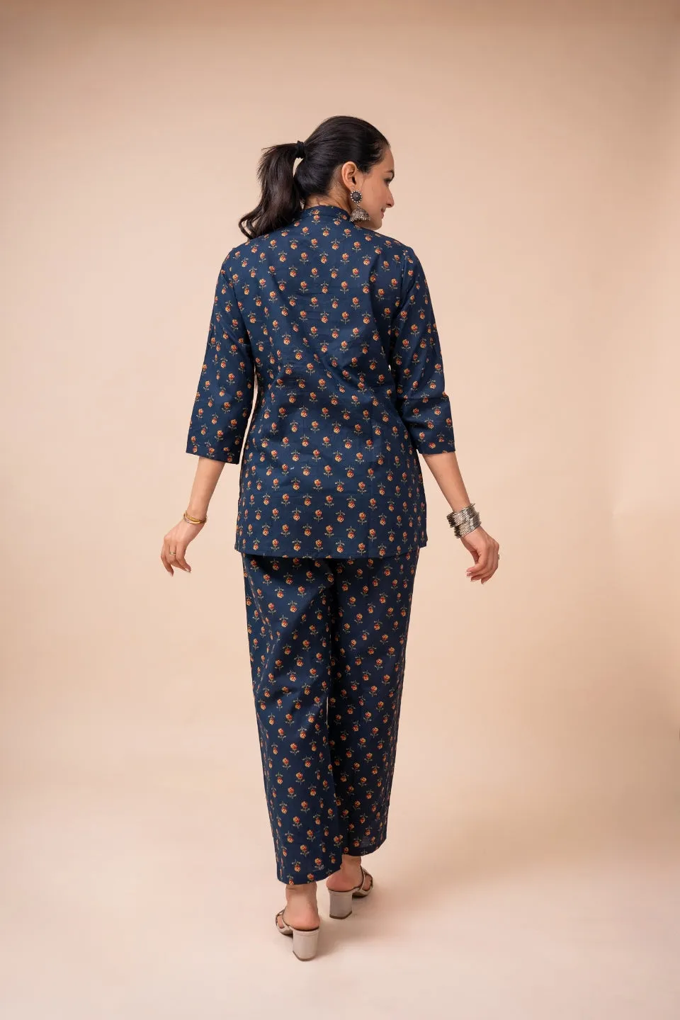 Ekisha's women navy blue multicolor floral printed cotton co-ord set lounge wear