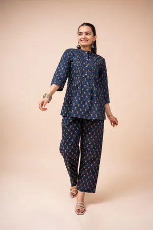 Ekisha's women navy blue multicolor floral printed cotton co-ord set lounge wear
