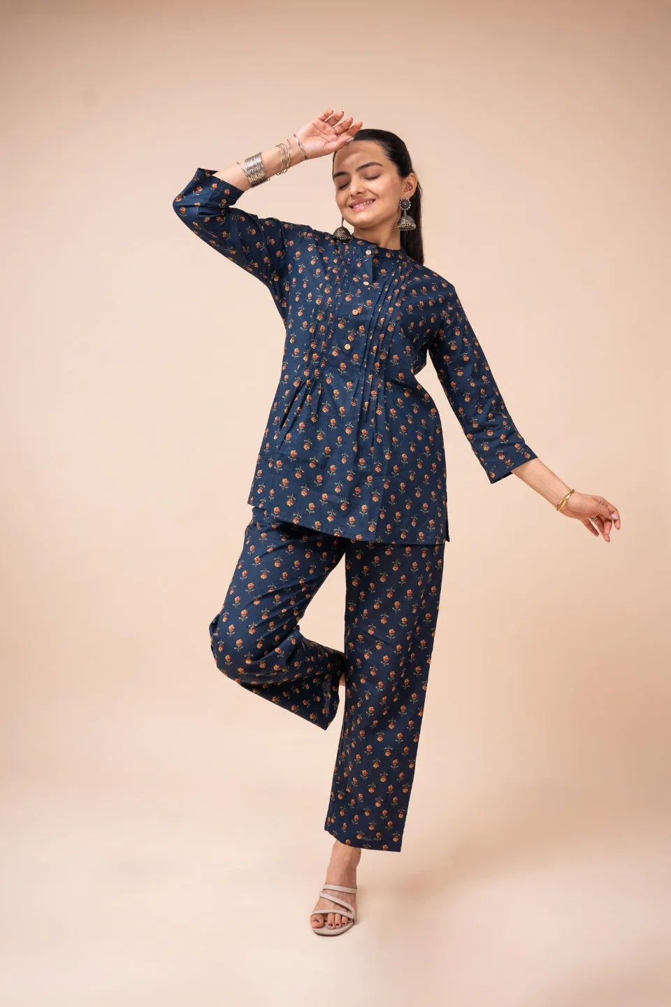 Ekisha's women navy blue multicolor floral printed cotton co-ord set lounge wear