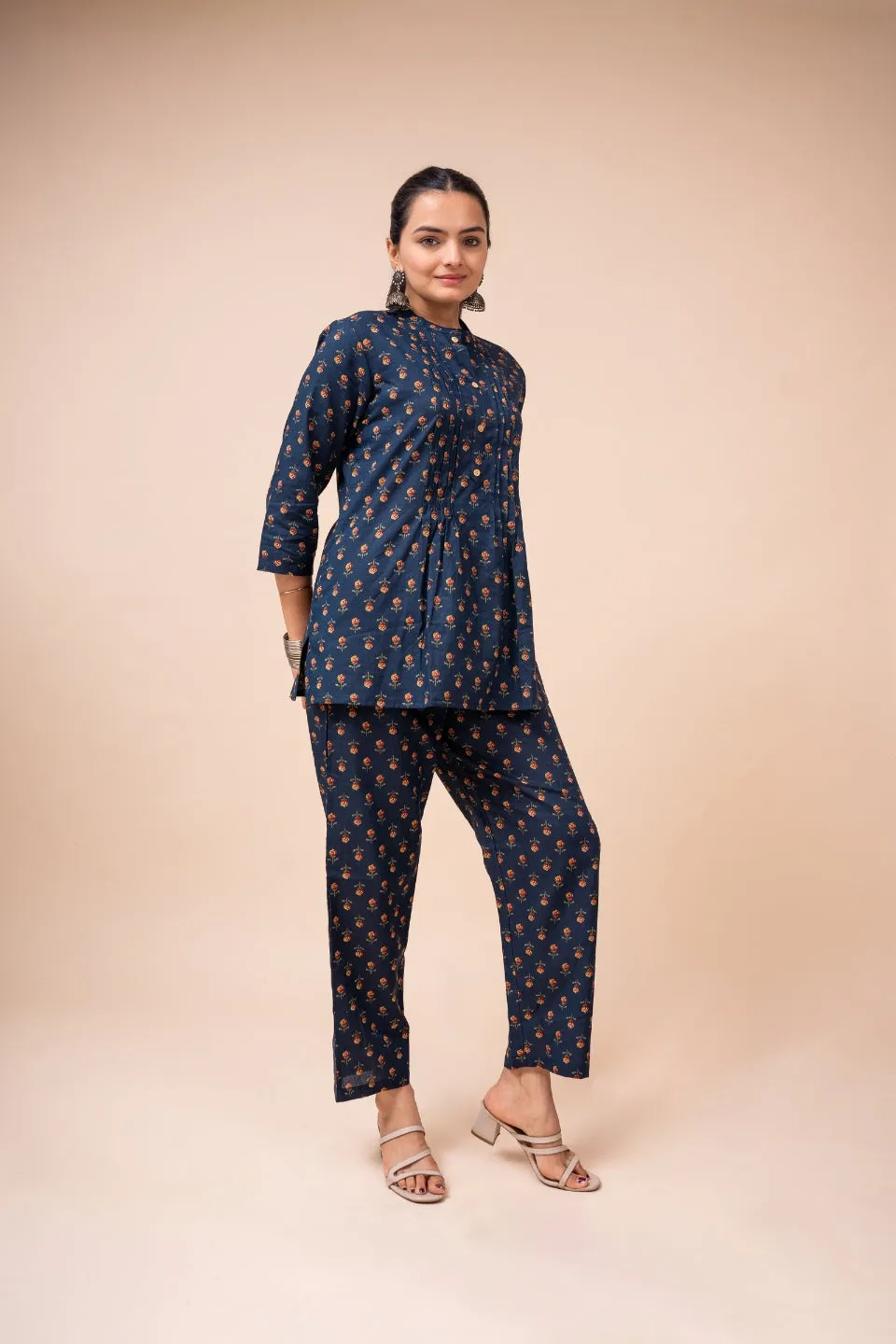 Ekisha's women navy blue multicolor floral printed cotton co-ord set lounge wear