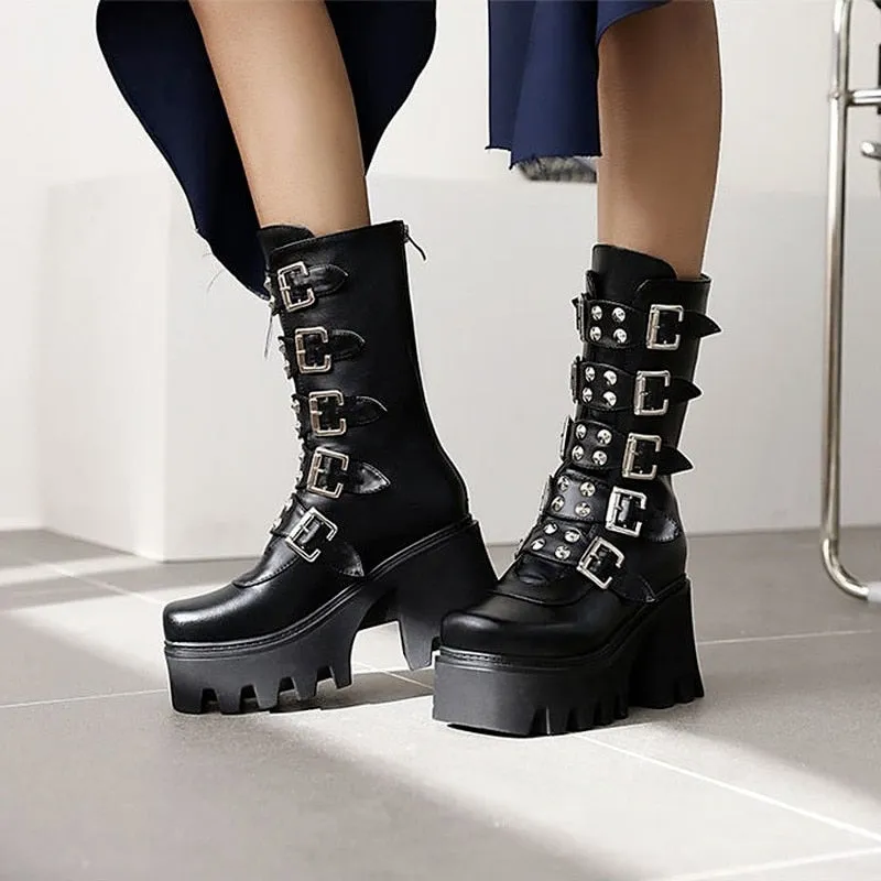 Funki Buys | Boots | Women's Chunky Mid-Calf Buckle Boot