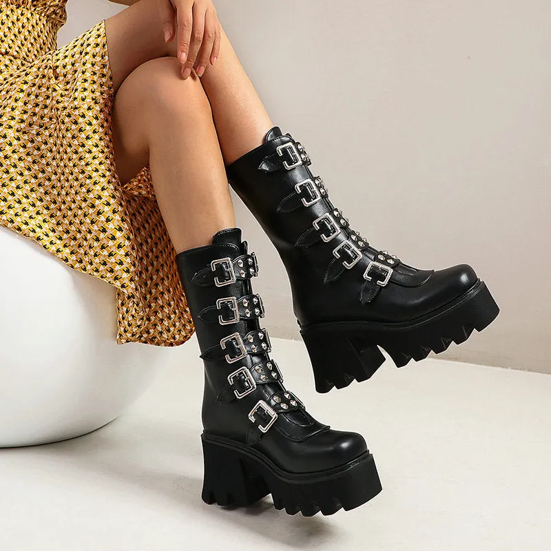 Funki Buys | Boots | Women's Chunky Mid-Calf Buckle Boot