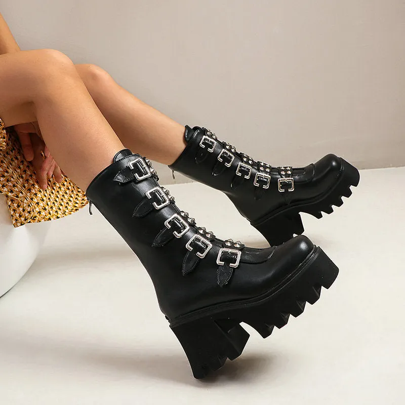 Funki Buys | Boots | Women's Chunky Mid-Calf Buckle Boot