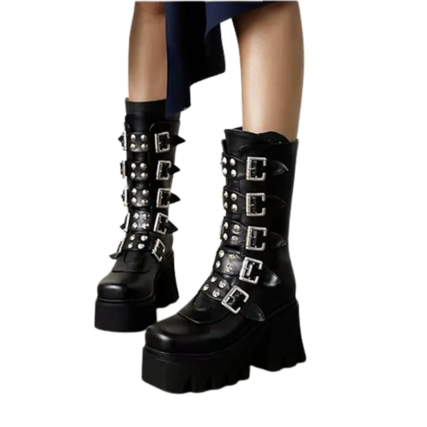 Funki Buys | Boots | Women's Chunky Mid-Calf Buckle Boot