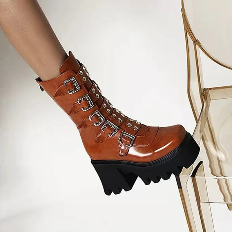 Funki Buys | Boots | Women's Chunky Mid-Calf Buckle Boot