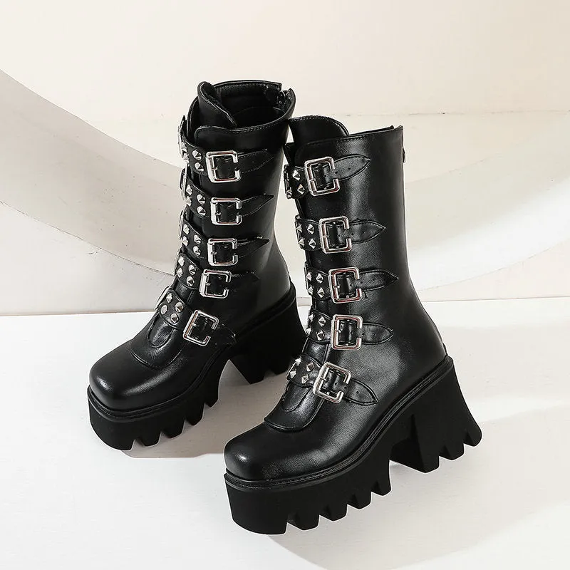Funki Buys | Boots | Women's Chunky Mid-Calf Buckle Boot