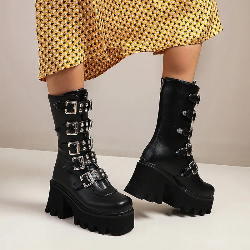 Funki Buys | Boots | Women's Chunky Mid-Calf Buckle Boot