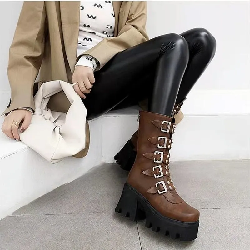 Funki Buys | Boots | Women's Chunky Mid-Calf Buckle Boot