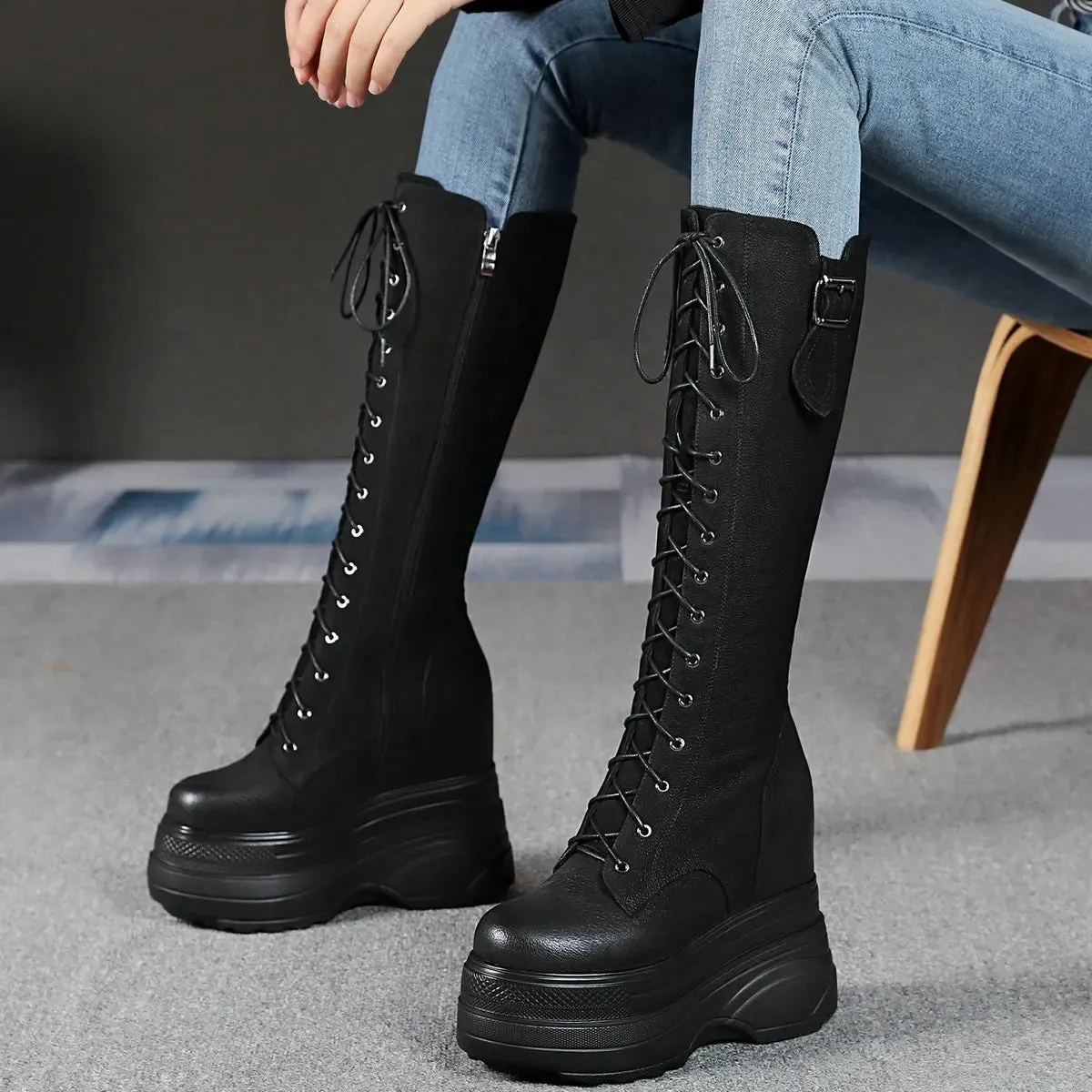Funki Buys | Boots | Women's Leather Platform Lace Up Wedges
