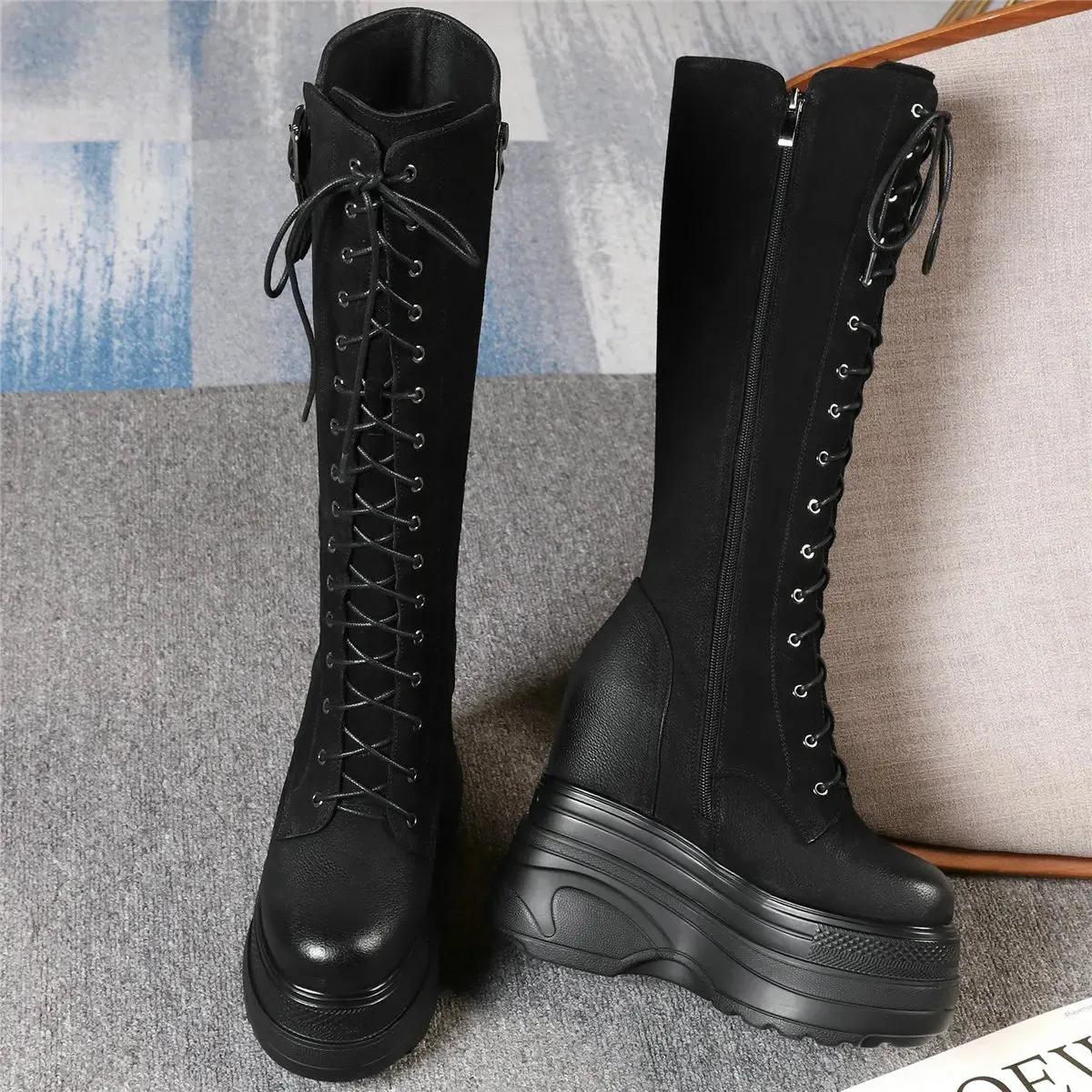 Funki Buys | Boots | Women's Leather Platform Lace Up Wedges