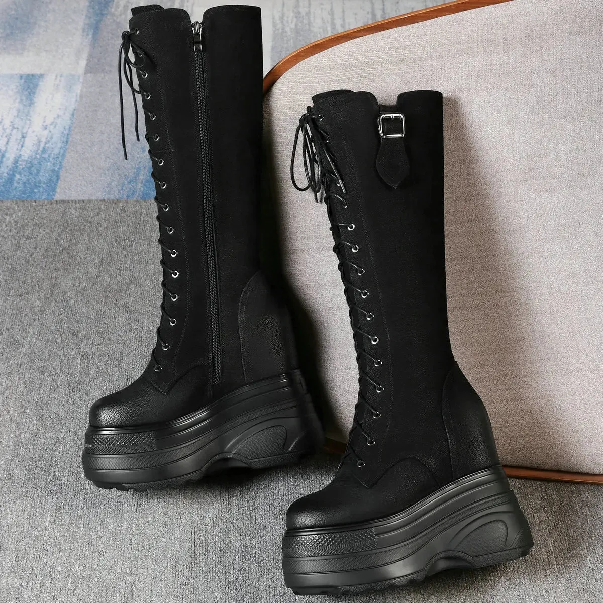 Funki Buys | Boots | Women's Leather Platform Lace Up Wedges
