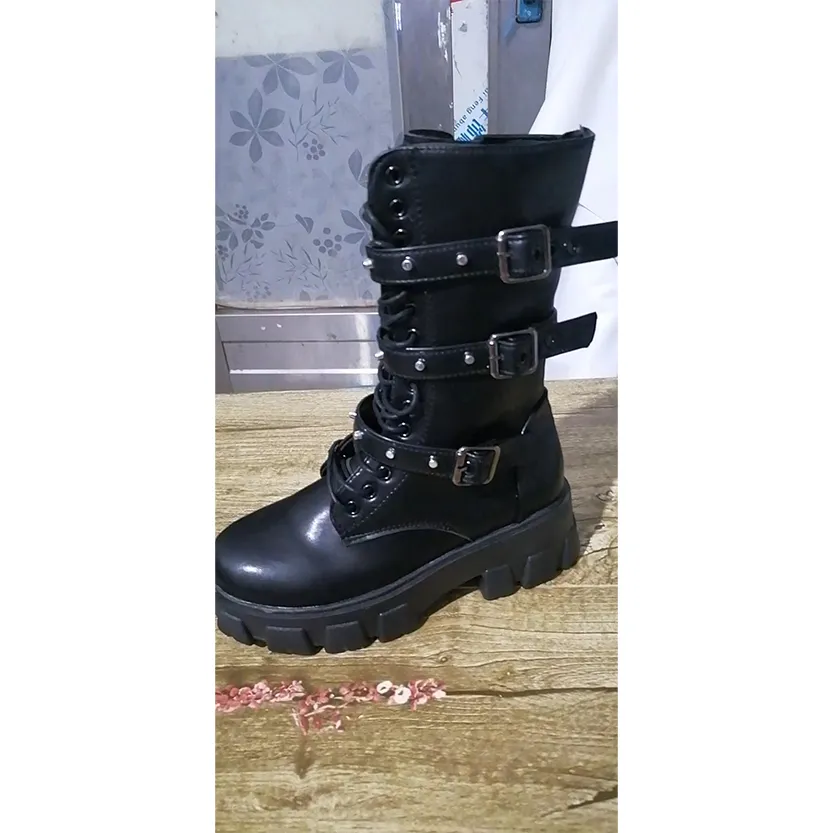 Funki Buys | Boots | Women's Mid-Calf Lace-Up Motorcycle Boot
