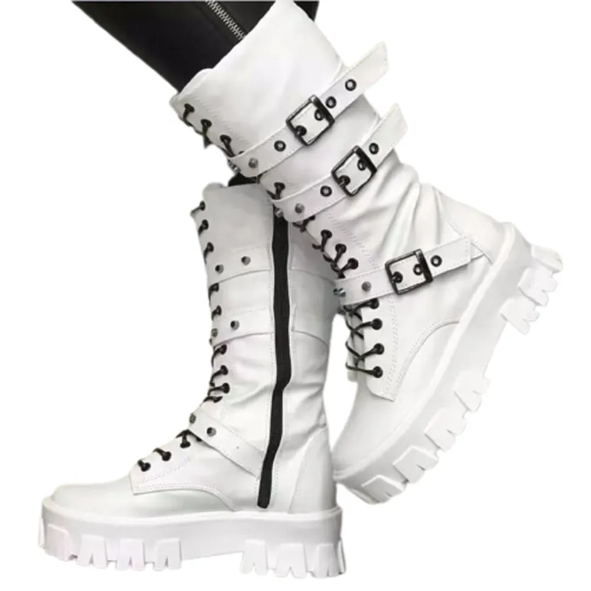 Funki Buys | Boots | Women's Mid-Calf Lace-Up Motorcycle Boot