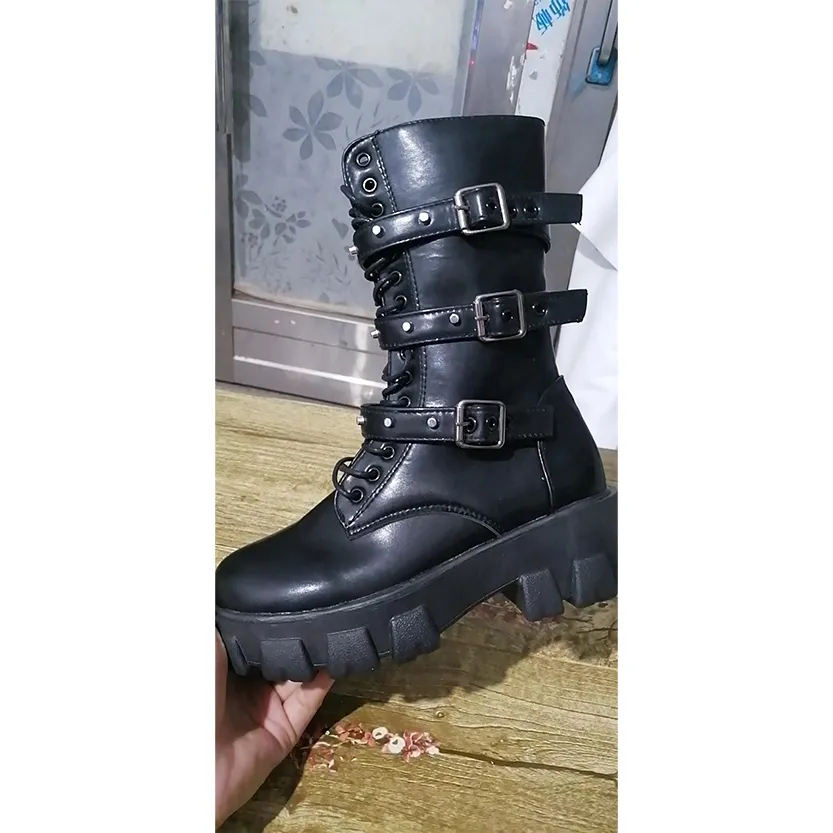 Funki Buys | Boots | Women's Mid-Calf Lace-Up Motorcycle Boot