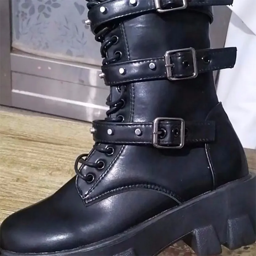 Funki Buys | Boots | Women's Mid-Calf Lace-Up Motorcycle Boot