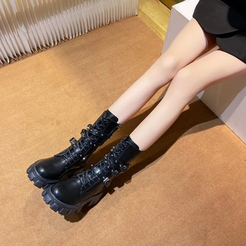 Funki Buys | Boots | Women's Mid-Calf Lace-Up Motorcycle Boot