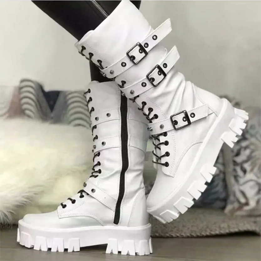 Funki Buys | Boots | Women's Mid-Calf Lace-Up Motorcycle Boot