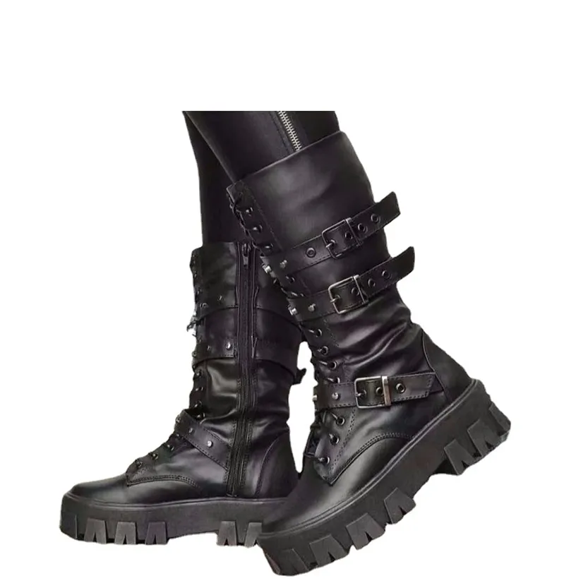 Funki Buys | Boots | Women's Mid-Calf Lace-Up Motorcycle Boot