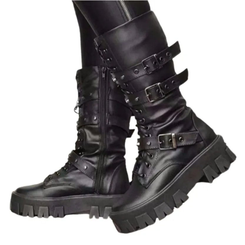 Funki Buys | Boots | Women's Mid-Calf Lace-Up Motorcycle Boot