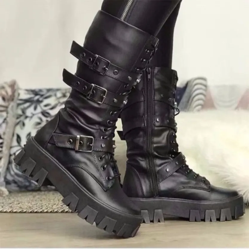 Funki Buys | Boots | Women's Mid-Calf Lace-Up Motorcycle Boot