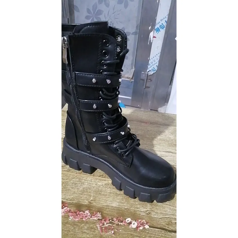 Funki Buys | Boots | Women's Mid-Calf Lace-Up Motorcycle Boot