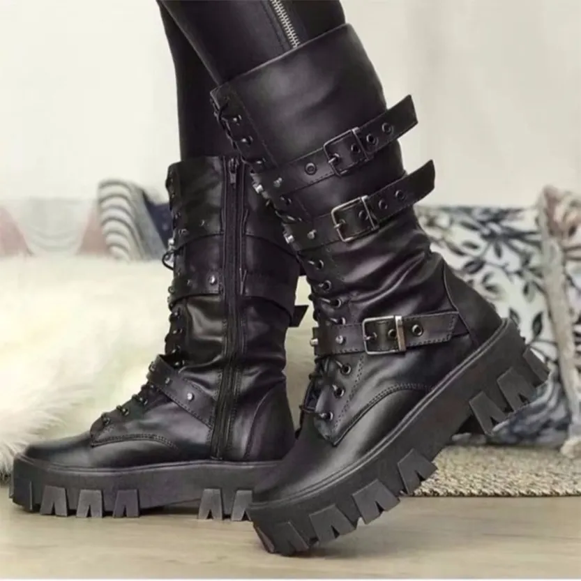 Funki Buys | Boots | Women's Mid-Calf Lace-Up Motorcycle Boot
