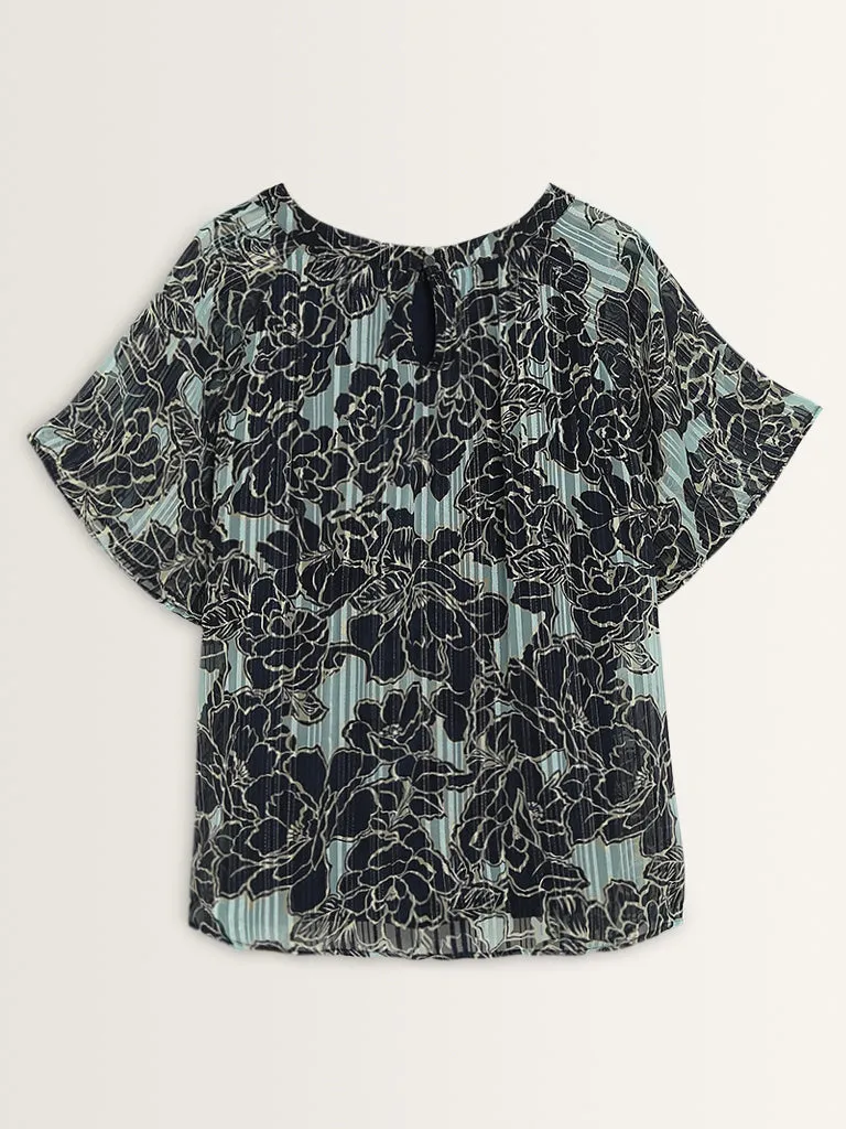 Gia Teal Floral Printed Blouse