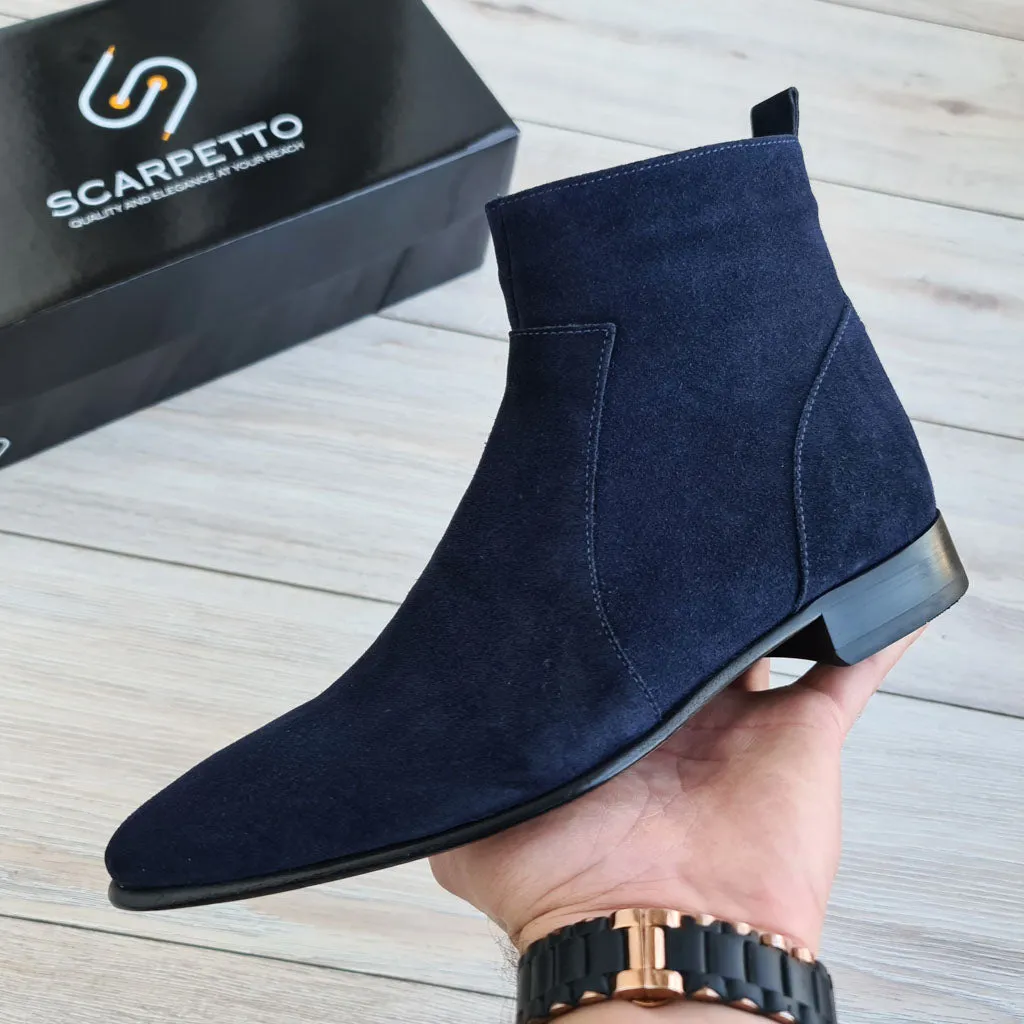 Raphael Navy Blue Men's Chelsea Genuine Suede Leather Boots - Leather Sole