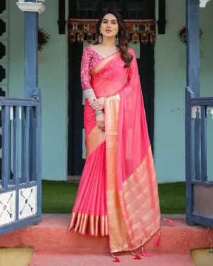 Ravishing Rani Pink Plain Chiffon Saree with Gold Zari Border, Floral Printed Blouse & Tassel Accents