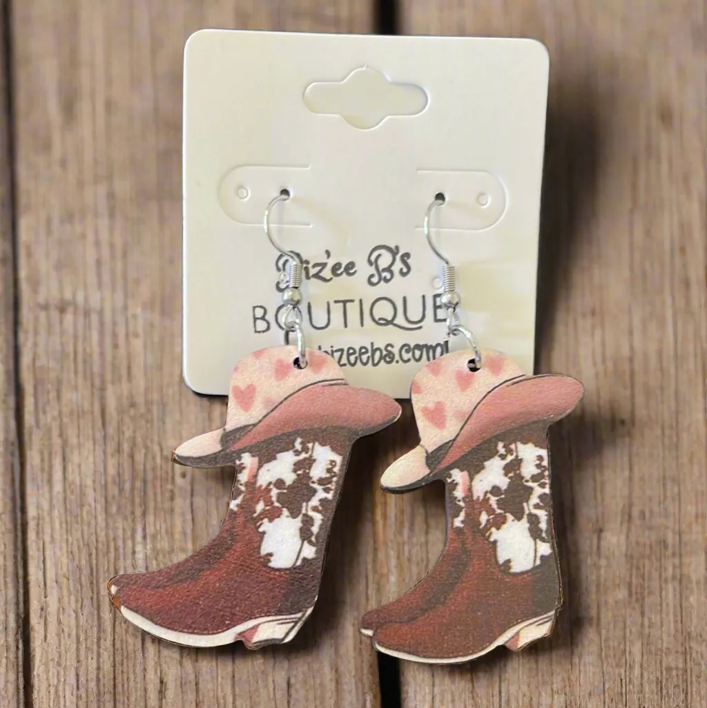 Vintage Wood Hat & Boots Earrings