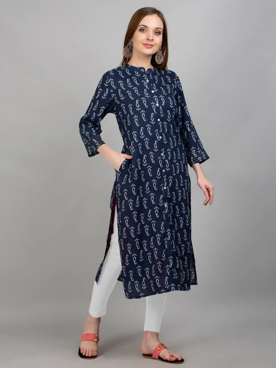 Women Navy Blue Floral Printed Kurta