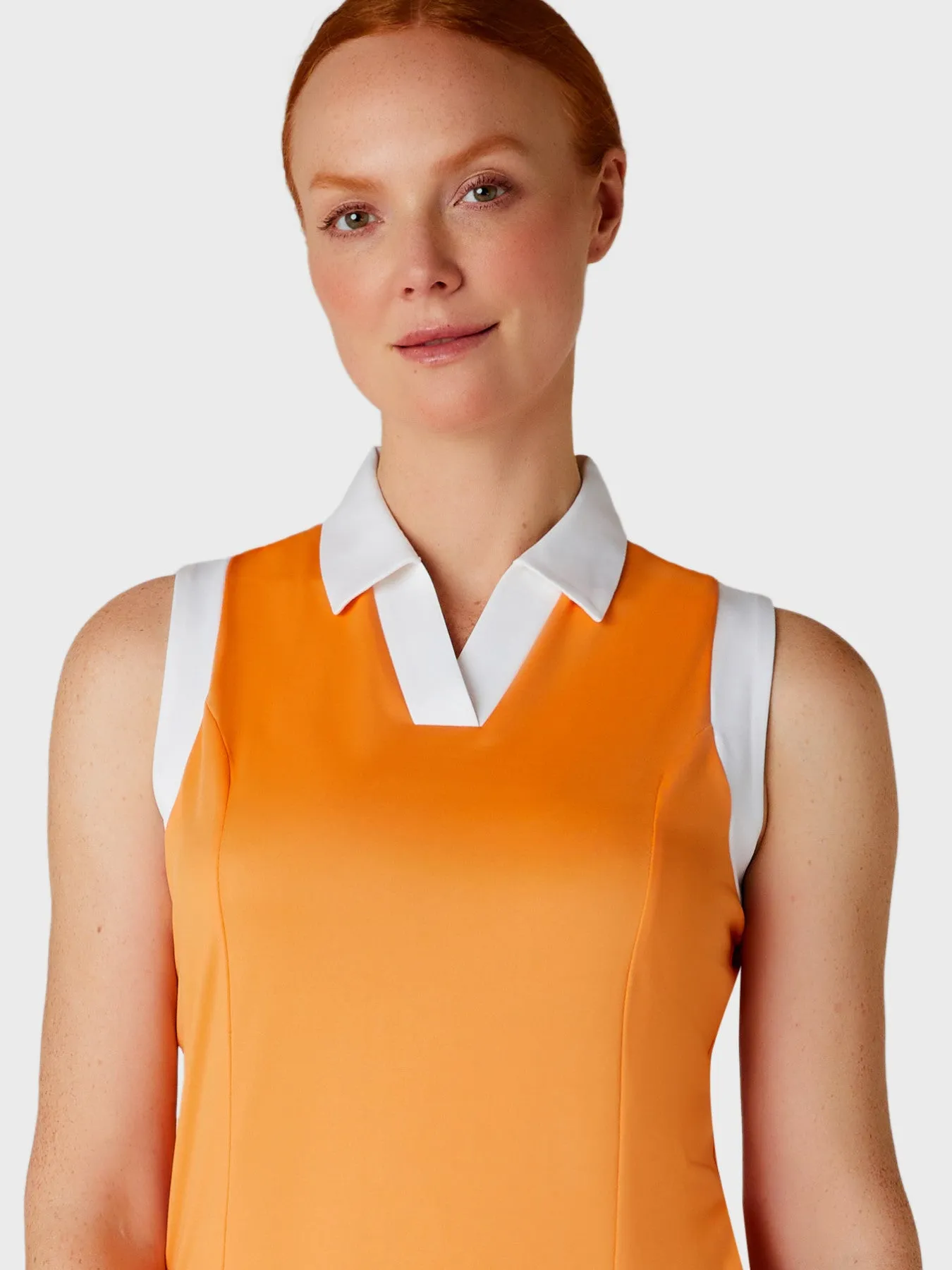 Women's Color Block V-Placket Sleeveless Golf Polo Shirt In Papaya