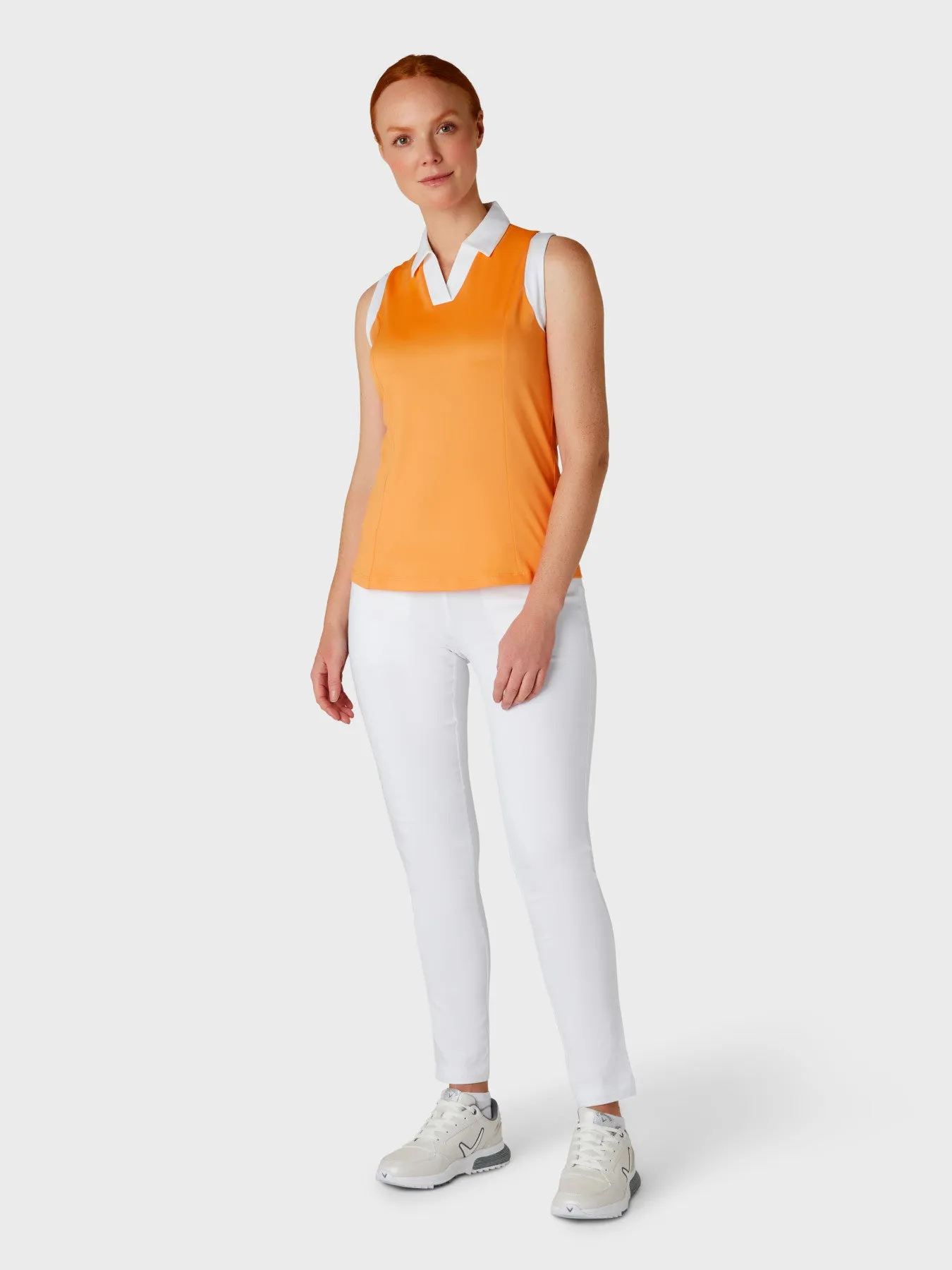 Women's Color Block V-Placket Sleeveless Golf Polo Shirt In Papaya