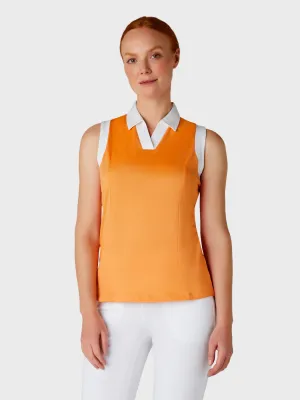 Women's Color Block V-Placket Sleeveless Golf Polo Shirt In Papaya